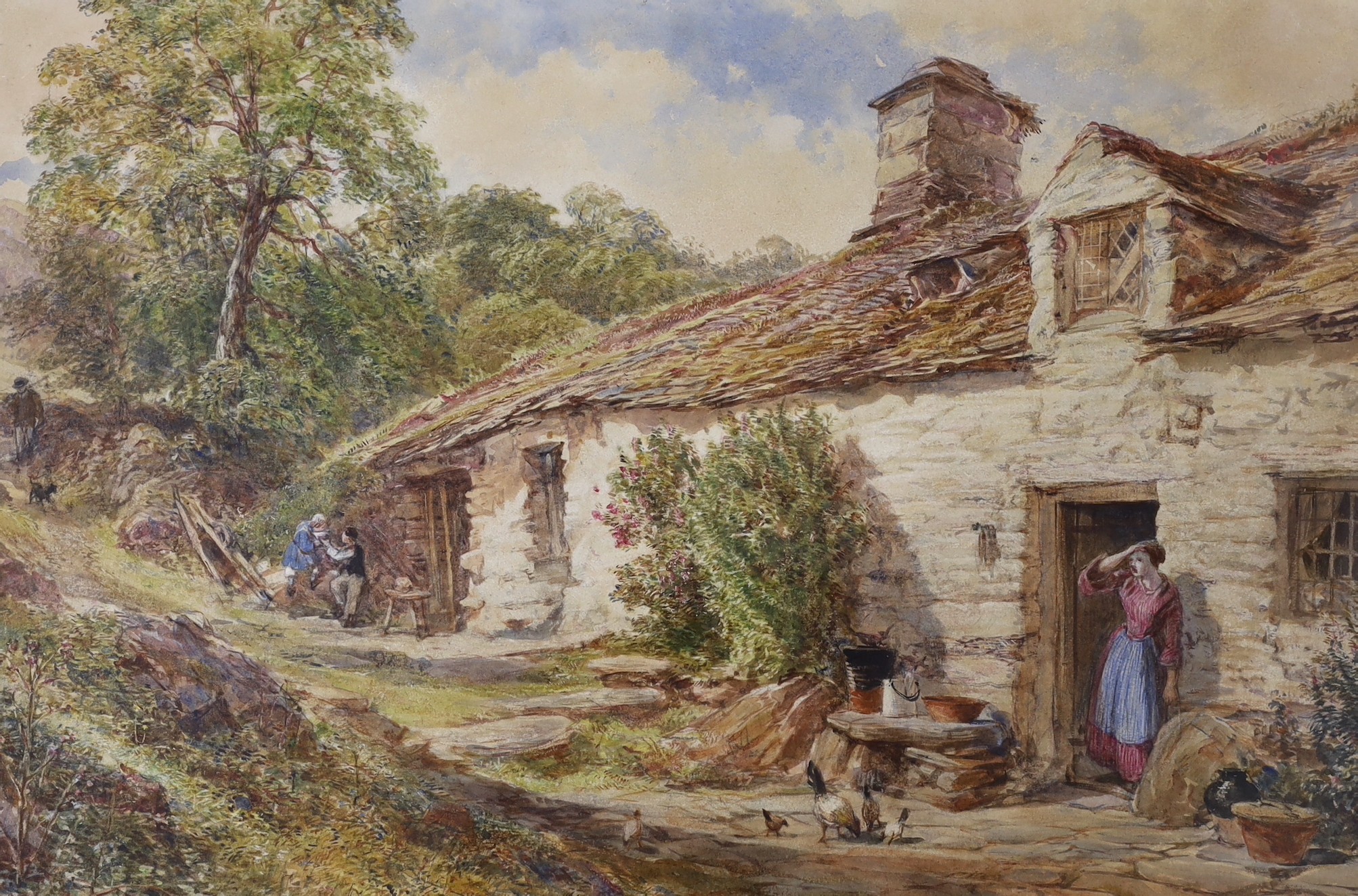 William Collingwood (1819-1903), watercolour, Landscape with figures beside a cottage, signed and dated 1862, 34 x 50cm